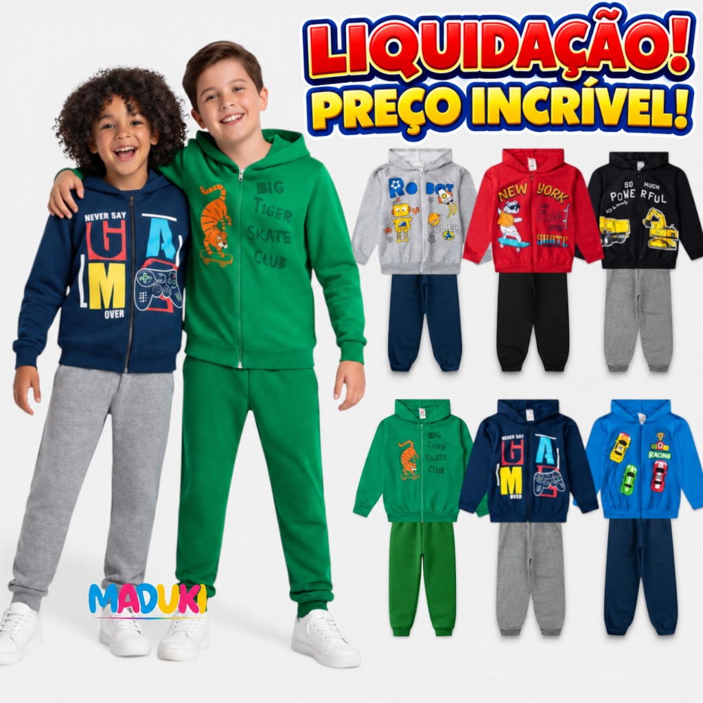 Kit 6 Peças Moletom Jaqueta com Capuz e Zíper e Calça Menino Infantil Masculino Inverno