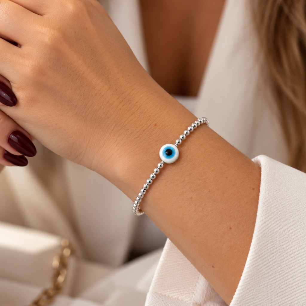 Pulseira Feminina Prata 925 Olho Grego c/ Bolinhas