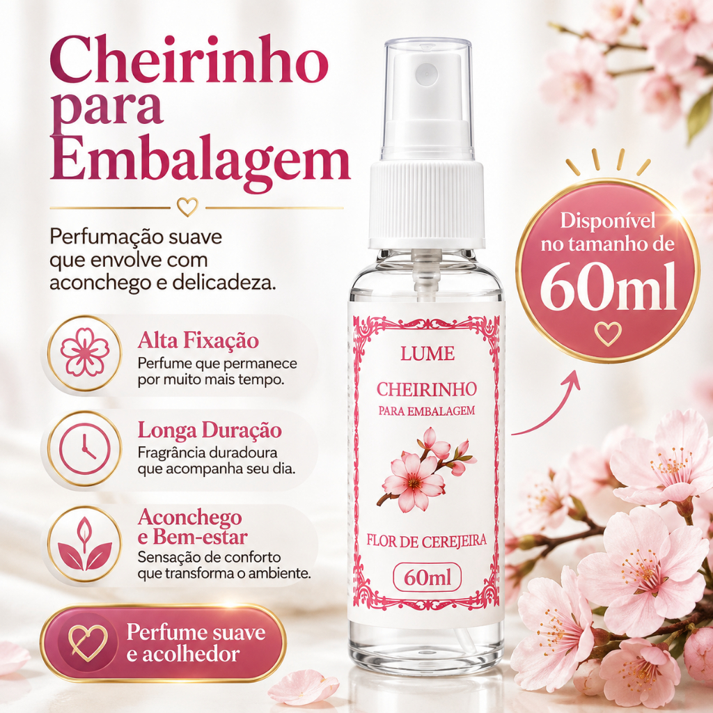 Cheirinho para Embalagem 60ml Alta Fixação Aroma para Caixas Presentes Sacolas Lojas e Encomendas Várias Fragrâncias