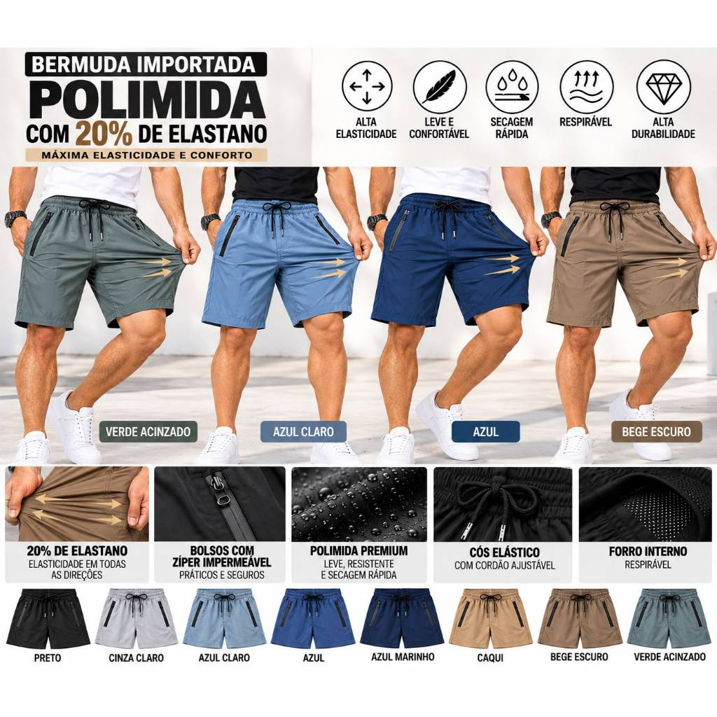 Shorts Masculino Com Ziper - Bermuda Poliamida com 20% De elastano Dry Fit - Com Secagem Rápida - Importada