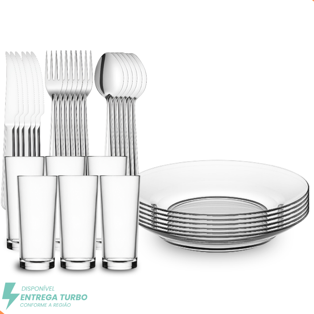 Aparelho de Jantar 30 Peças - Pratos, Copos e Talheres Inox - Almoço e Jantar