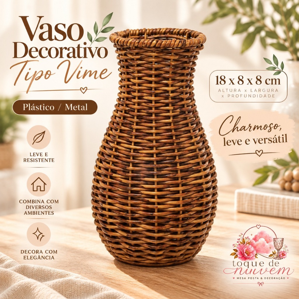Vaso Decorativo Tipo Vime 18cm Plástico Metal Redondo Flores Secas Mesa Sala Casa Decoração Presente