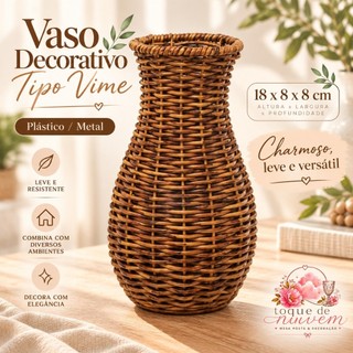 Vaso Decorativo Tipo Vime 18cm Plástico Metal Redondo Flores Secas Mesa Sala Casa Decoração Presente