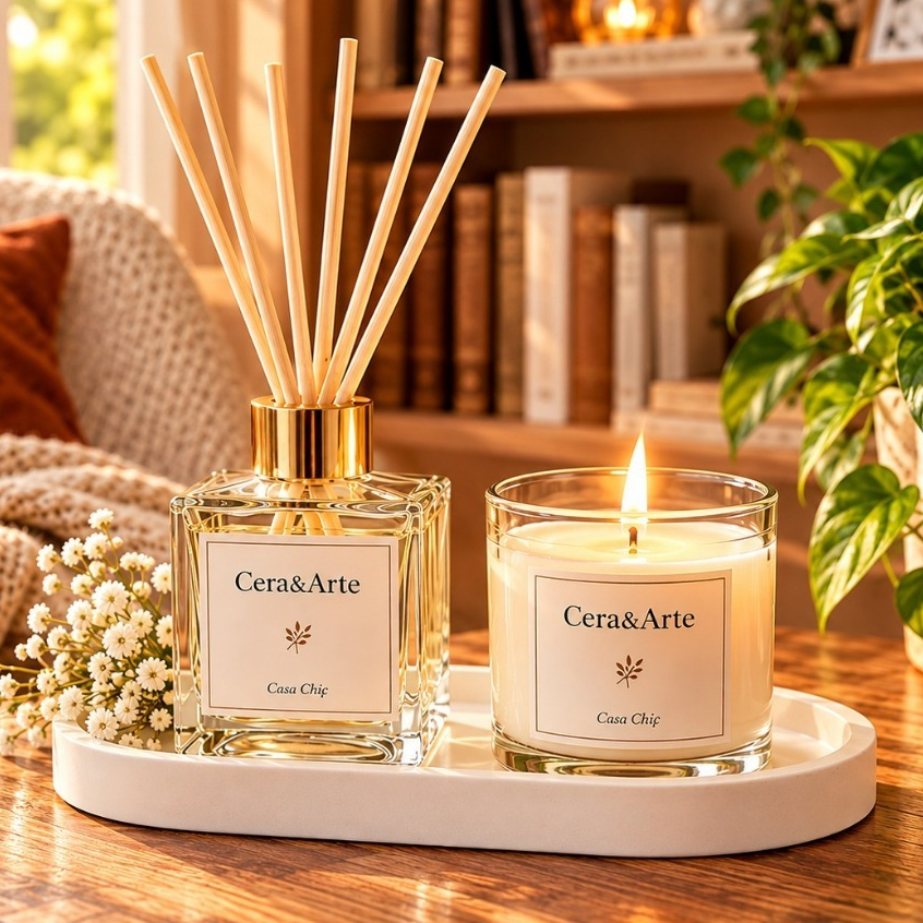 Kit Decorativo Difusor de Ambientes com Vela Aromática e Bandeja