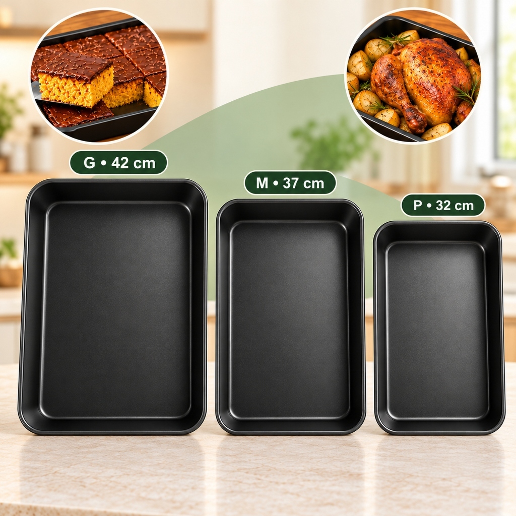 Kit 3 Formas Assadeiras Antiaderente Teflon 3 Tamanhos 32cm 37cm 42cm PMG Retangular Airfryer Forno Cozinha