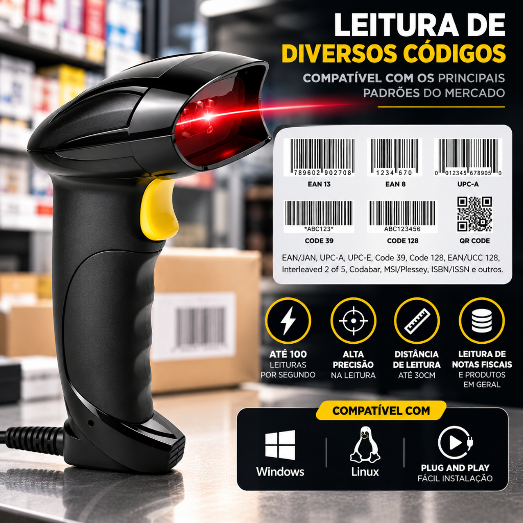 Leitor de Código de Barras 1D USB com Fio e Sensor Automático – Scanner Laser Rápido 2.4GHz · foto 2