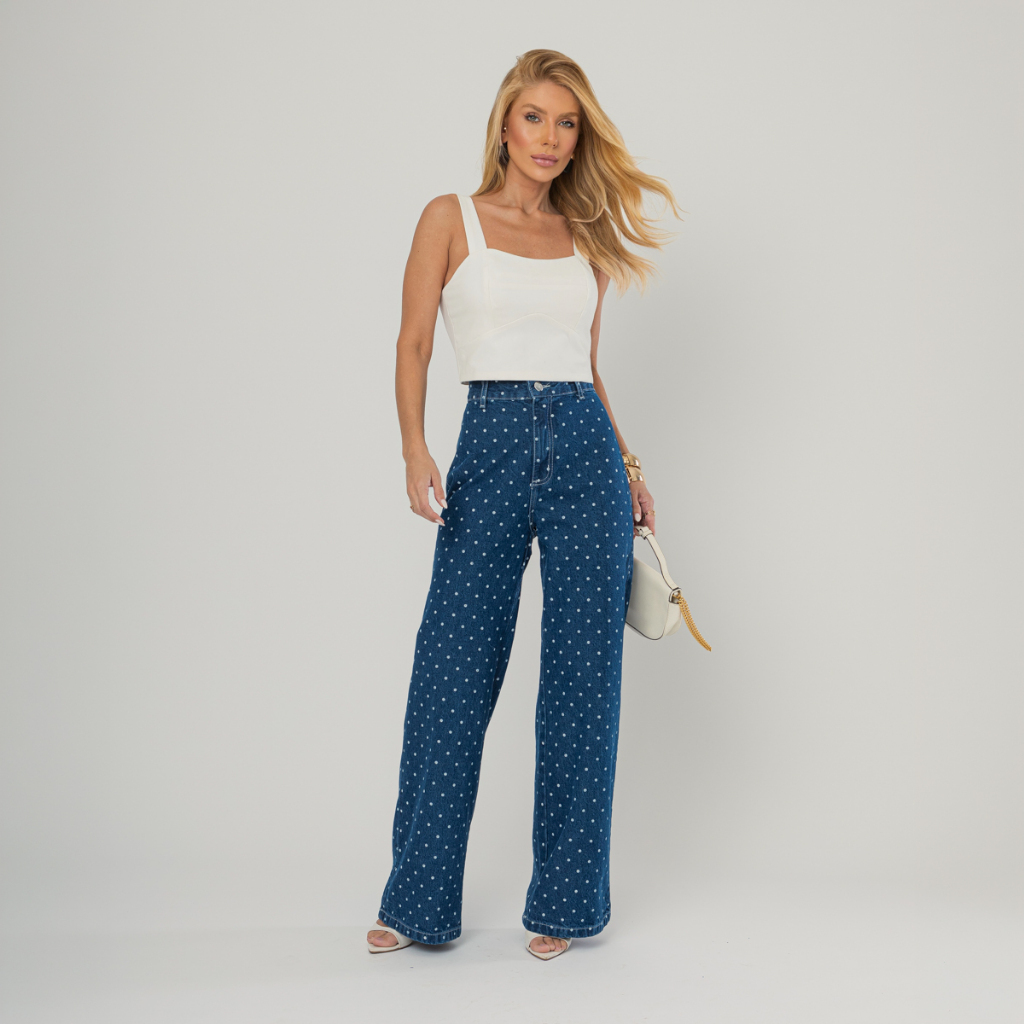 Calça Jeans Wide Leg Poá Feminina Cintura Alta Pantalona Estampa Bolinha Tendência Moda
