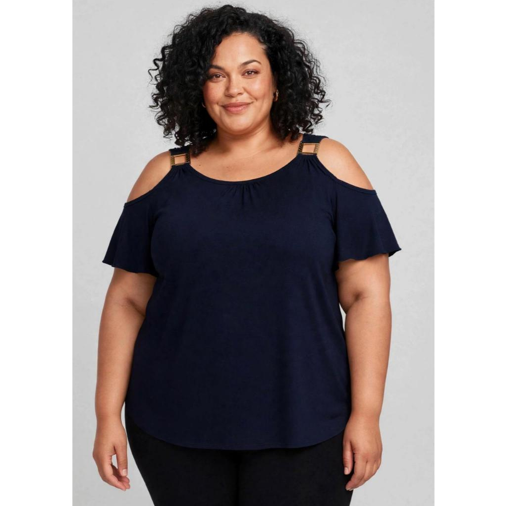 Blusa Feminina Manga 3/4 Plus Com Abertura no ombro Viscolayca