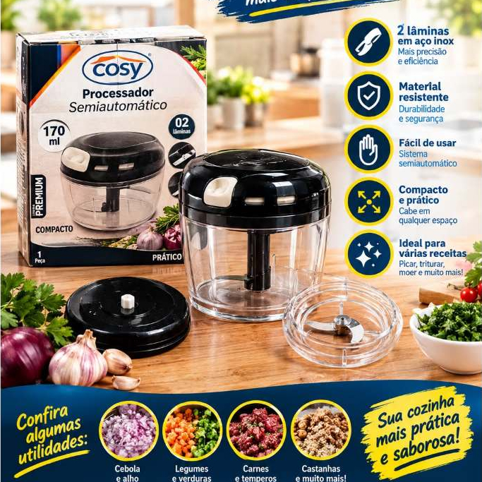 Mini Processador de Alimentos 170ml - Compacto, Fácil de Limpar, Sistema Giratório