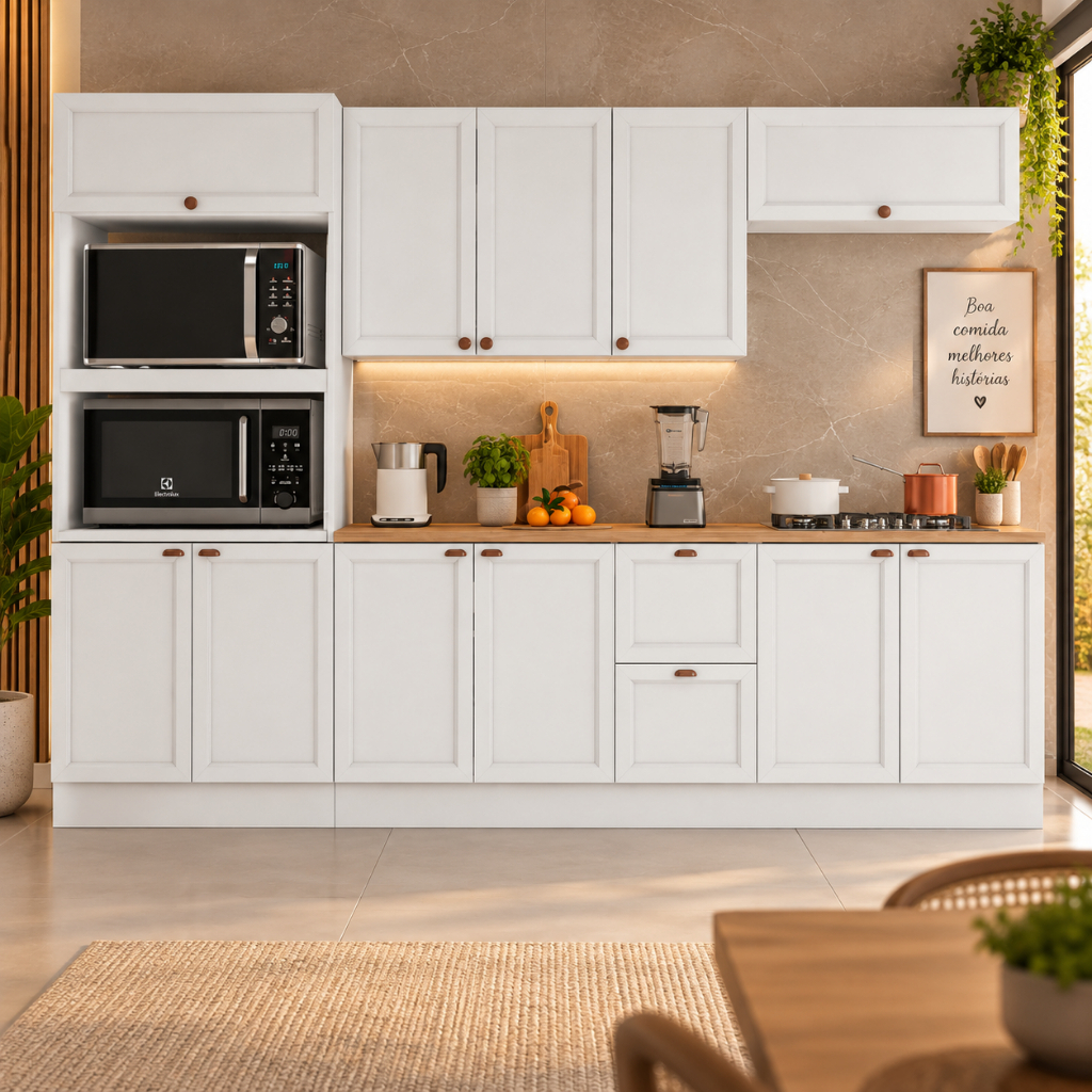 Cozinha Modulada Olivia 11 Portas 2 Gavetas Torre Quente Tampos 27 mm e Nichos 270 cm Poliman Móveis