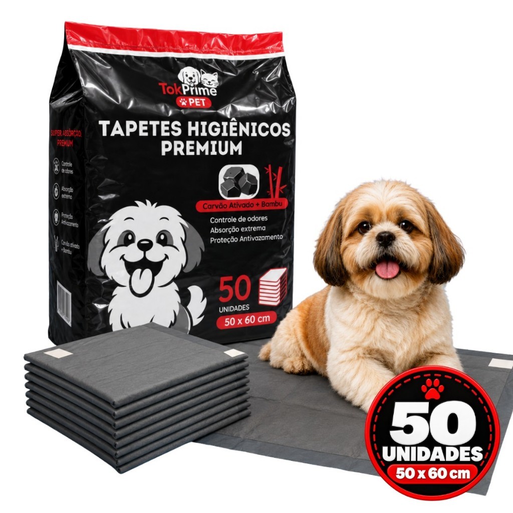 Tapete Higiênico Cães 50x60 Carvão Ativado Tok Prime Pet Kit 50 100 150 Unidades Antivazamento Antiodor Descartável