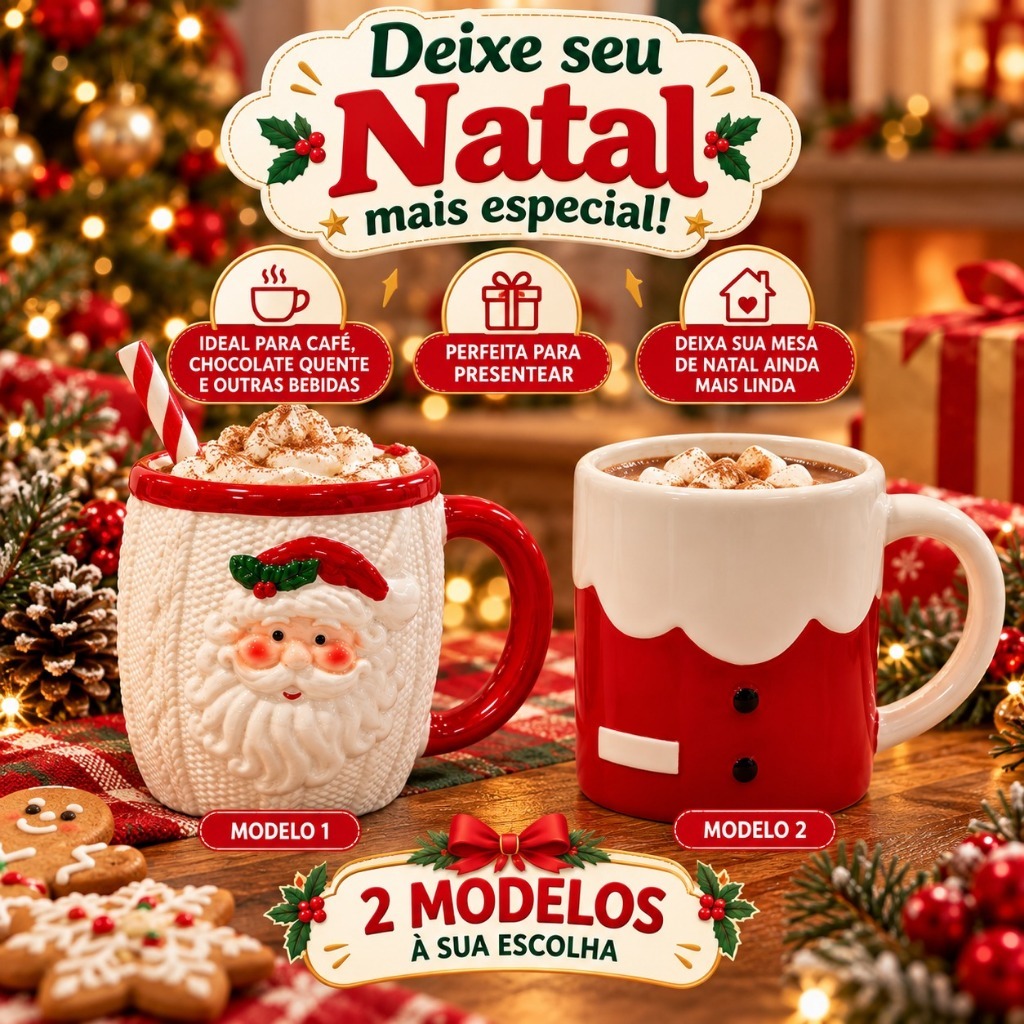 Caneca de Natal Papai Noel 330ml Cerâmica Alto Relevo