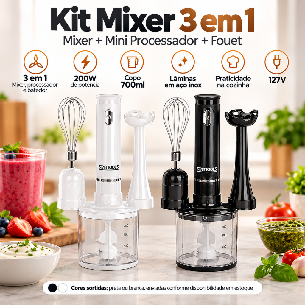 Kit 3 Em 1 Mixer Vitamina Esmagador Processador Batedor Alimentos 220V Cor Sortida Branco ou Preto