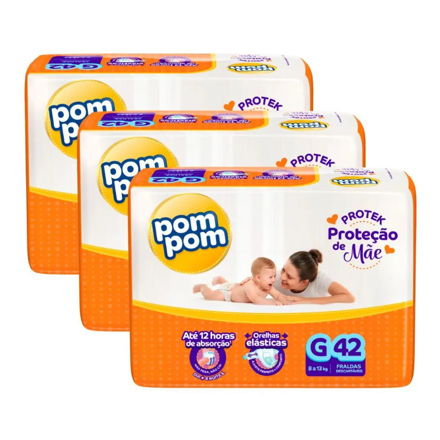 Kit Fraldas Pom Pom Derma Protek Mega G 42 Unidades - Original