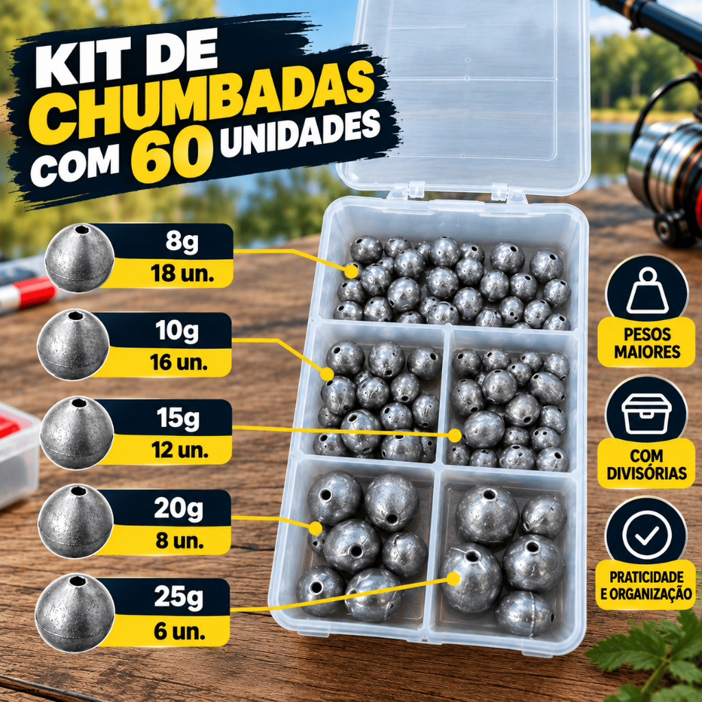 Kit 60 Chumbadas de Pesca Bola com Estojo Organizador | Vários Pesos Pesqueiro Rio