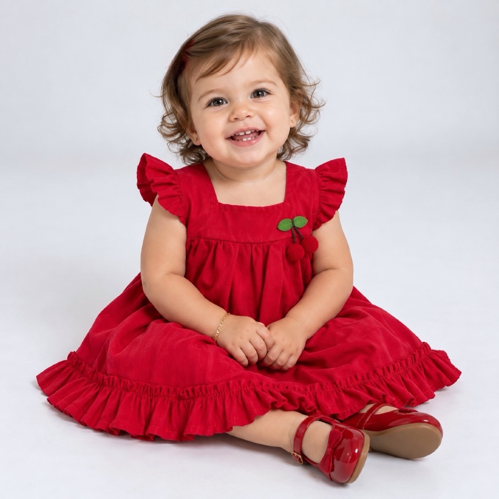 Vestido Bebê Vermelho Luxo Aplique Cereja Manga Curta 100% Algodão Macio e Confortável Mundo Nina