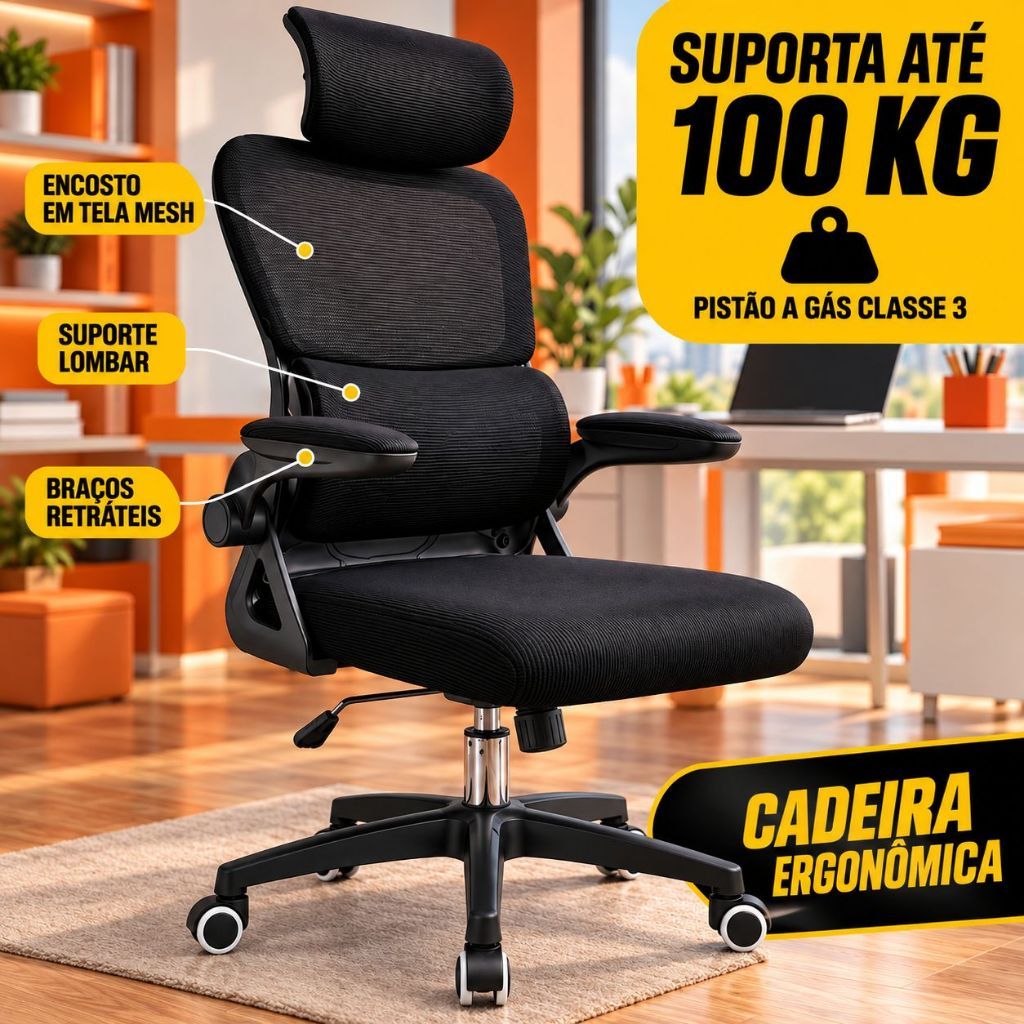 Cadeira de Escritório Ergonômica preta Giratória com Apoio Lombar e Braços Ajustáveis Eagle Force