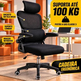 Cadeira de Escritório Ergonômica preta Giratória com Apoio Lombar e Braços Ajustáveis Eagle Force