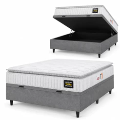 Cama Box Baú Colchão Casal Espuma D45 Lazio Pillow Top 138x188x70cm Branco / Cinza Hellen - Suporta até 120kg por Pessoa