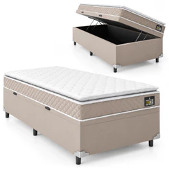 Cama Box Baú Solteiro Colchão D45 com Pillow Top Hellen Strong Bege 88x188x65cm Suporta até 150kg
