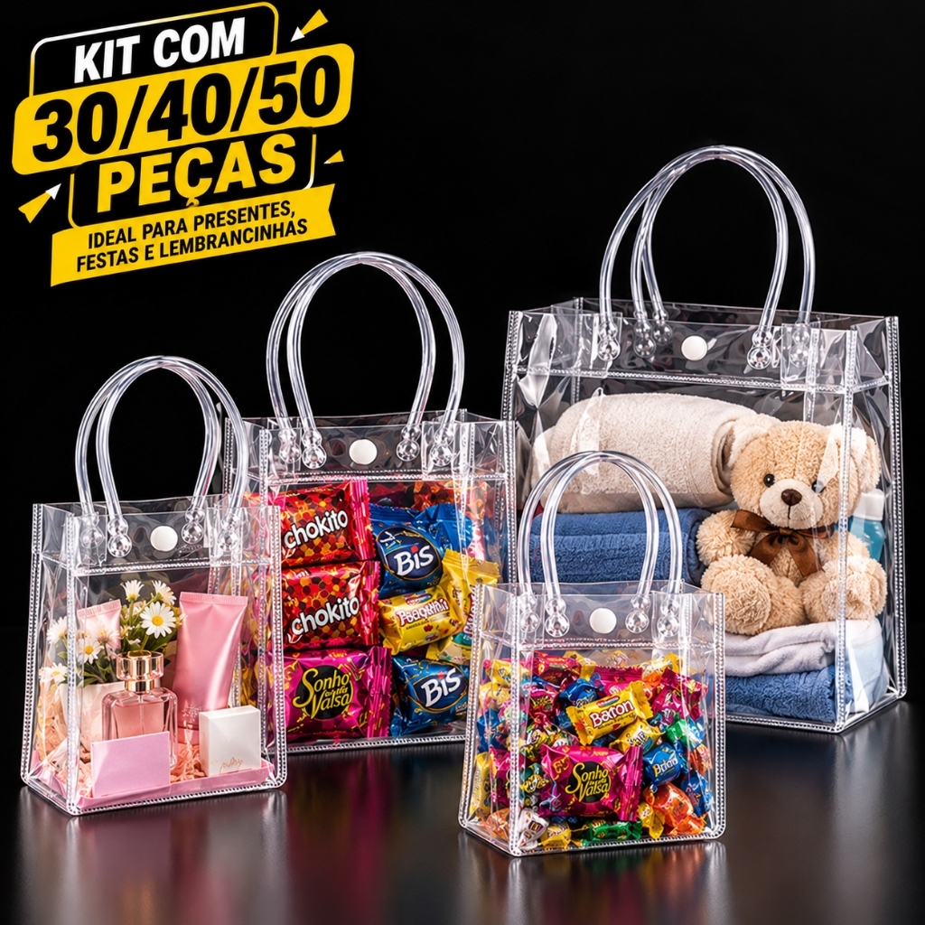 Kit 30/40/50 Sacos de Presente em PVC Transparente Reutilizáveis para Natal Casamento Festa e Aniversário