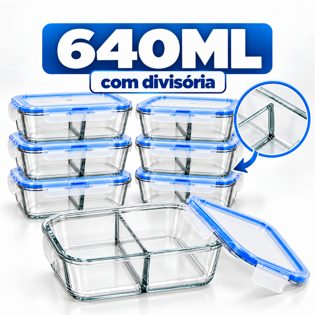 Pote Hermético 640ml de Marmita de Vidro Borossilicato com Divisória Air Fryer Forno Micro-Ondas