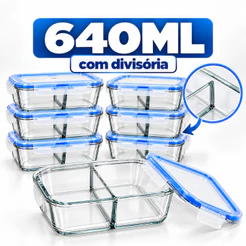 Pote Hermético 640ml de Marmita de Vidro Borossilicato com Divisória Air Fryer Forno Micro-Ondas