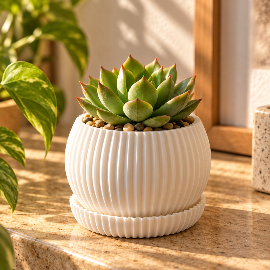 Vaso para Suculenta 8cm com Prato Coletor Canelado Pequeno Decorativo em Plastico Resistente