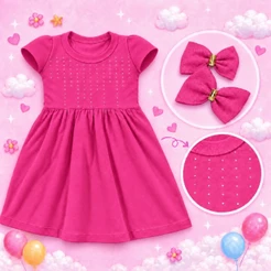 Vestido Infantil Menina Algodão Premium Aplique Brilho Strass + Kit Laços para cabelo 2 ao8 Princesa