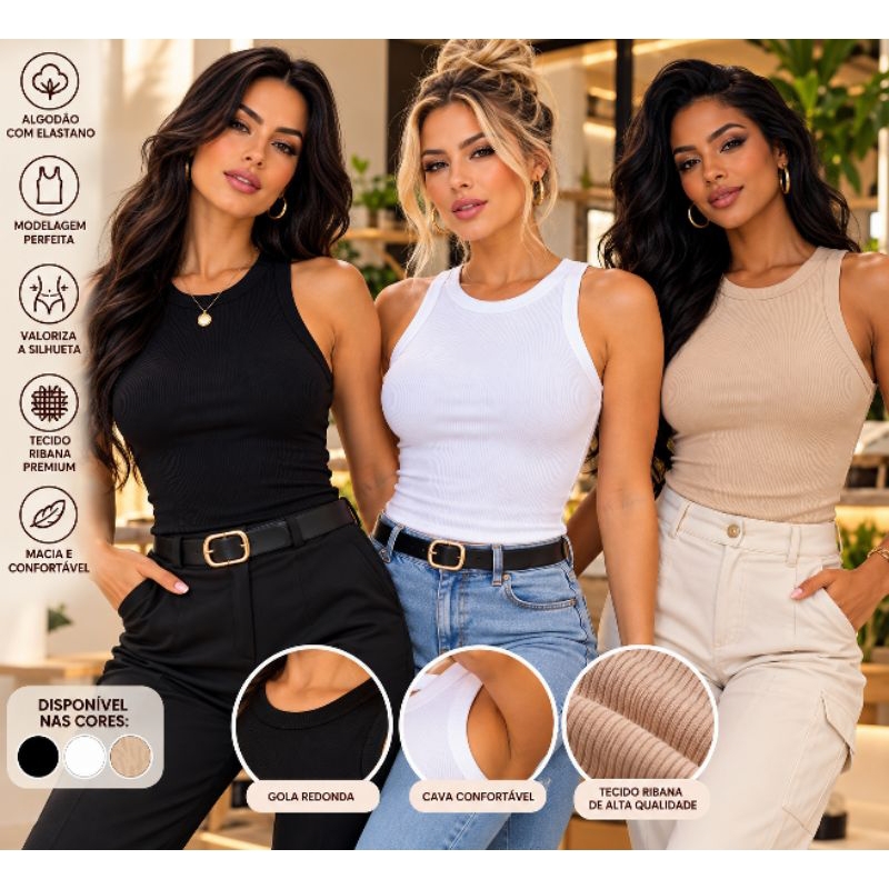 Kit 3 Regatas Femininas Ribana Canelada Básica 96% Algodão com Elastano Gola Redonda Basica Sem Manga Casual