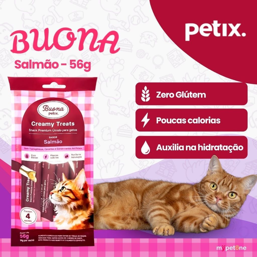 Petiscos Sachês Buona Petix Salmão Creamy Treats Para Gatos 4 Sachês 56g