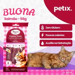 Petiscos Sachês Buona Petix Salmão Creamy Treats Para Gatos 4 Sachês 56g