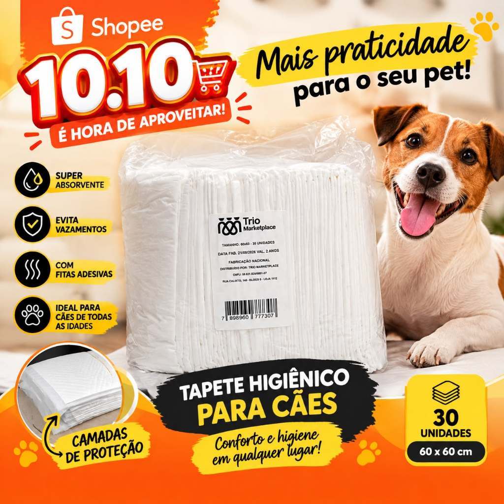 Tapete Higiênico Pet 60x60 - 30 Unidades SEM ADESIVO | Tapete para Cachorro Absorvente Sanitário fralda banheiro