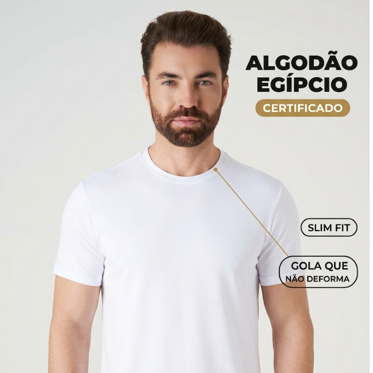 Camiseta Masculina Algodão Egípcio Slim Básica Lisa Branca Premium Com Elastano Gola Firme HAAG