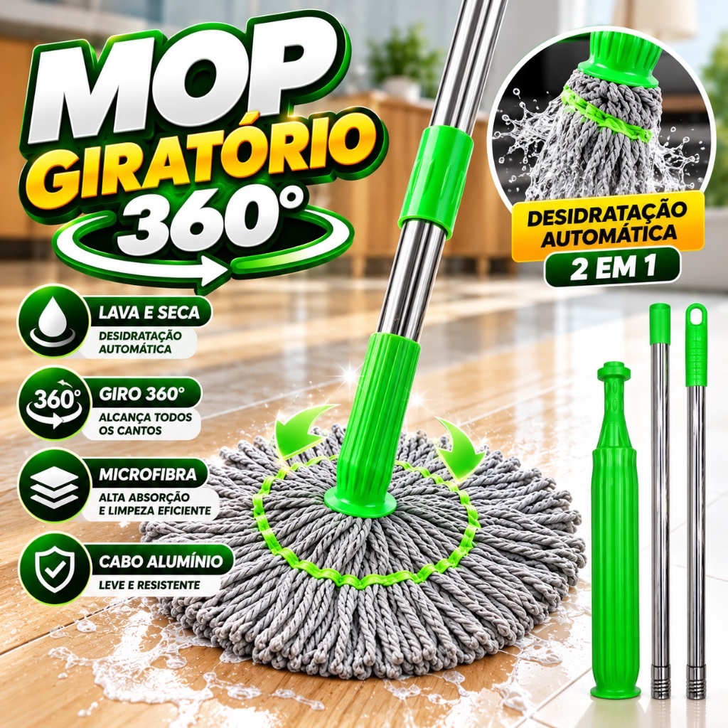 Mop rodo Giratório 360° 2 em 1 Esfregão com Torção Automática Cabo Inox 130cm Microfibra Lava e Seca Pisos + Refil
