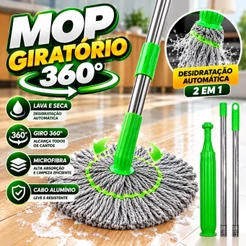 Mop rodo Giratório 360° 2 em 1 Esfregão com Torção Automática Cabo Inox 130cm Microfibra Lava e Seca Pisos + Refil