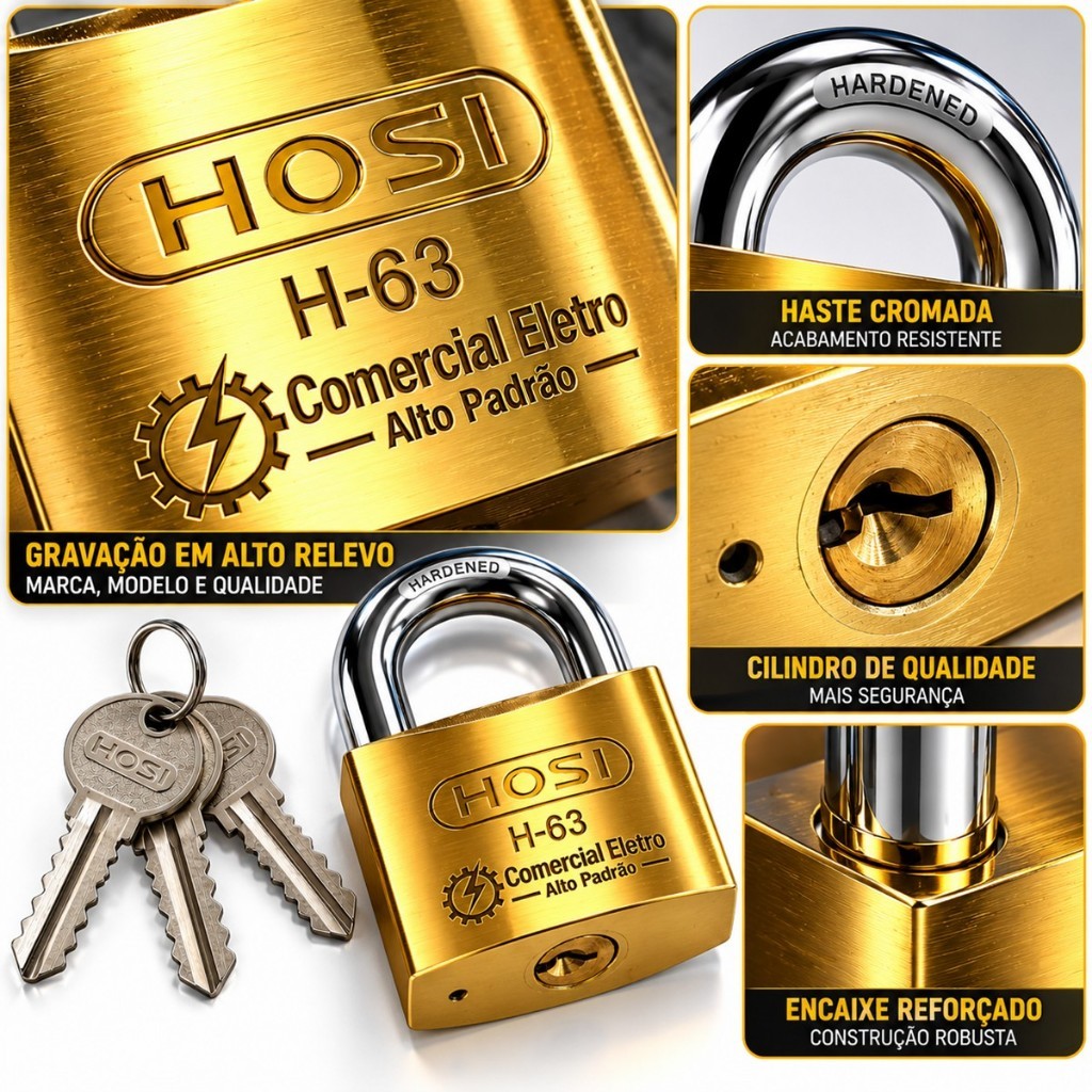 Cadeado Grande Hosi 63mm Super Resistente Robusto Proteção Contra Furto Com 3 Chaves Antifurto