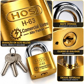 Cadeado Grande Hosi 63mm Super Resistente Robusto Proteção Contra Furto Com 3 Chaves Antifurto
