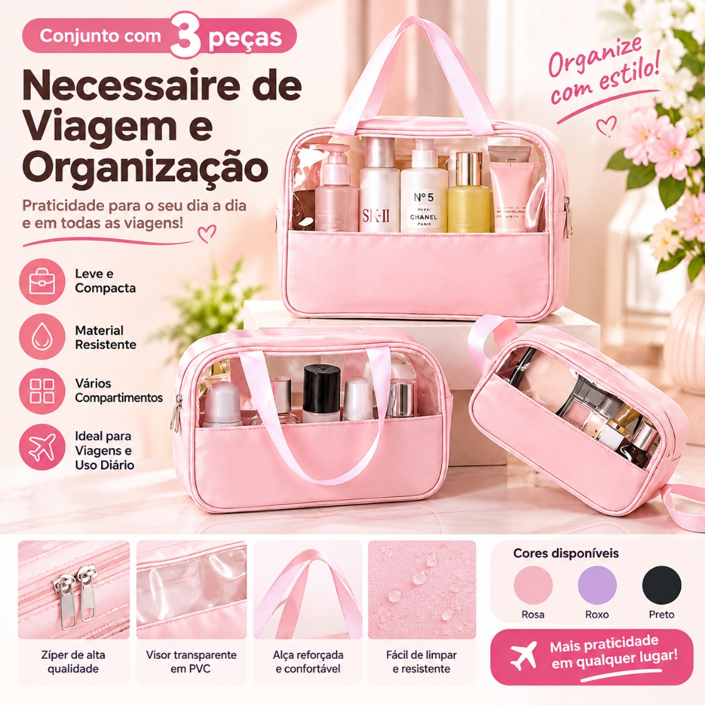 Conjunto de 3 peças Necessaires Transparentes Impermeáveis Bolsa de Maquiagem Viagem