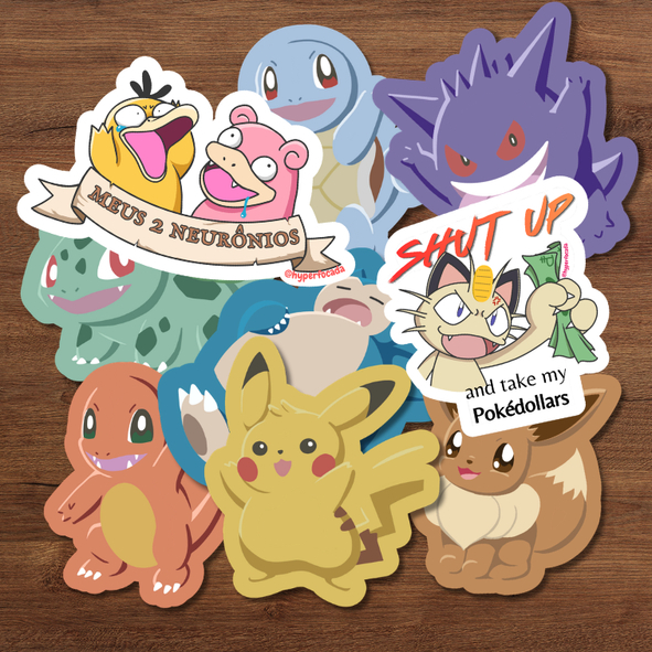 Adesivos Pokémon variados Psyduck Slowpoke Meow Pikachu Bulbasaur Gengar Eevee nerd