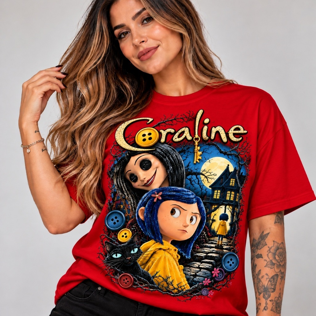 CAMISETA ESTAMPADA ADULTA FEMININA UNISEX CORALINE ESTILOSA MODERNA TENDENCIA EXCLUSIVA CRIATIVA CONFORTAVEL PLUS FOFA