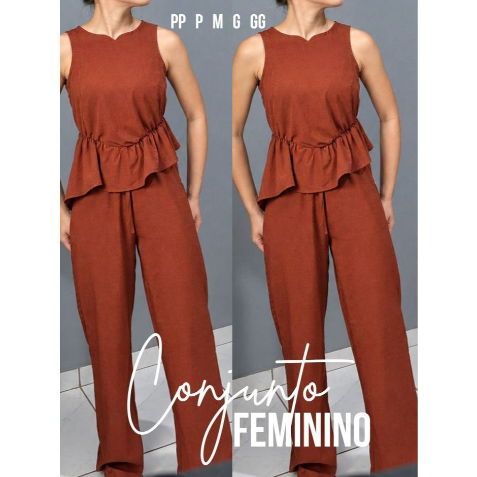 Conjunto Feminino Calça Pantalona + Blusa assimétrica com detalhes Franzidos