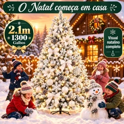 Árvore de Natal 210cm 1300 Galhos Pinheiro Artificial Branco Nevado Efeito Neve Cheia com Base Metálica