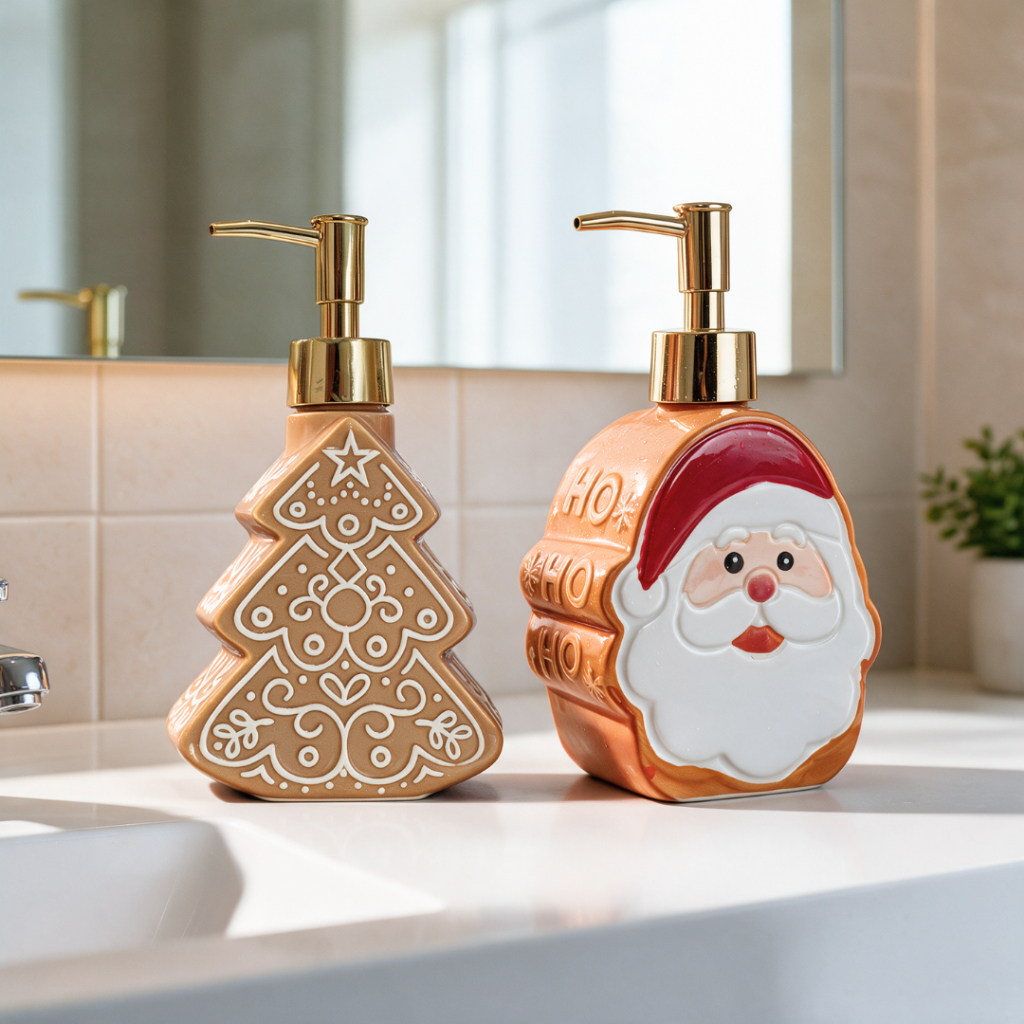 Porta Sabonete/Detergente de Natal - Porcelana, Decoração Natalina, Papai Noel, Árvore de Natal