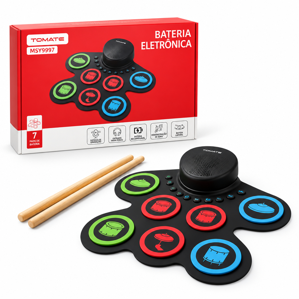 Bateria Eletrônica Dobrável Com Alto-Falante Pedal de silicone Recarregável DTX para prática Tomate MSY9997