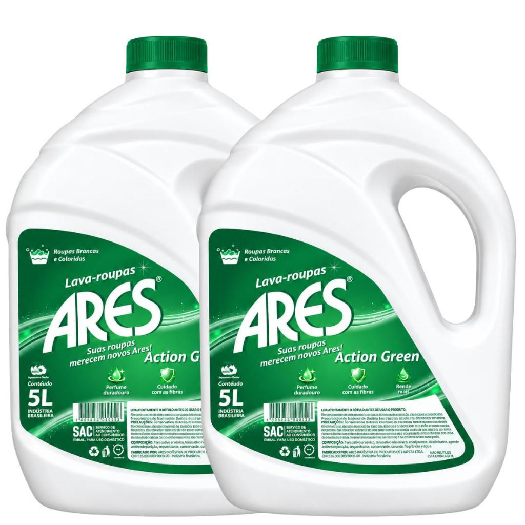 Kit 2 Unidades Lava Roupas Líquido Ares Action Green 5L Roupas Brancas e Coloridas