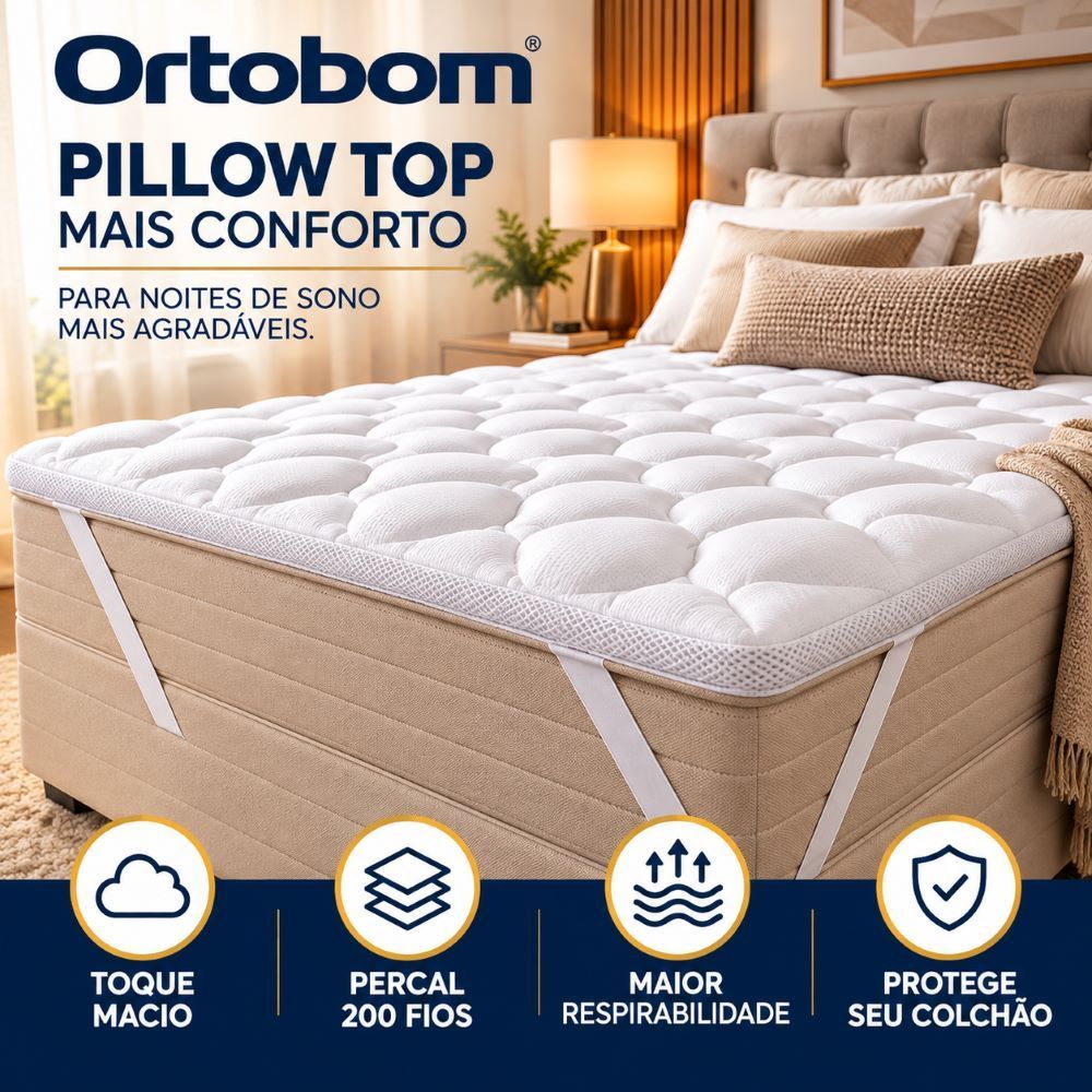 Pillow Top Ortobom 5cm 200 Fios 100% Algodão Extra Conforto Hipoalérgico Solteiro Casal Queen King