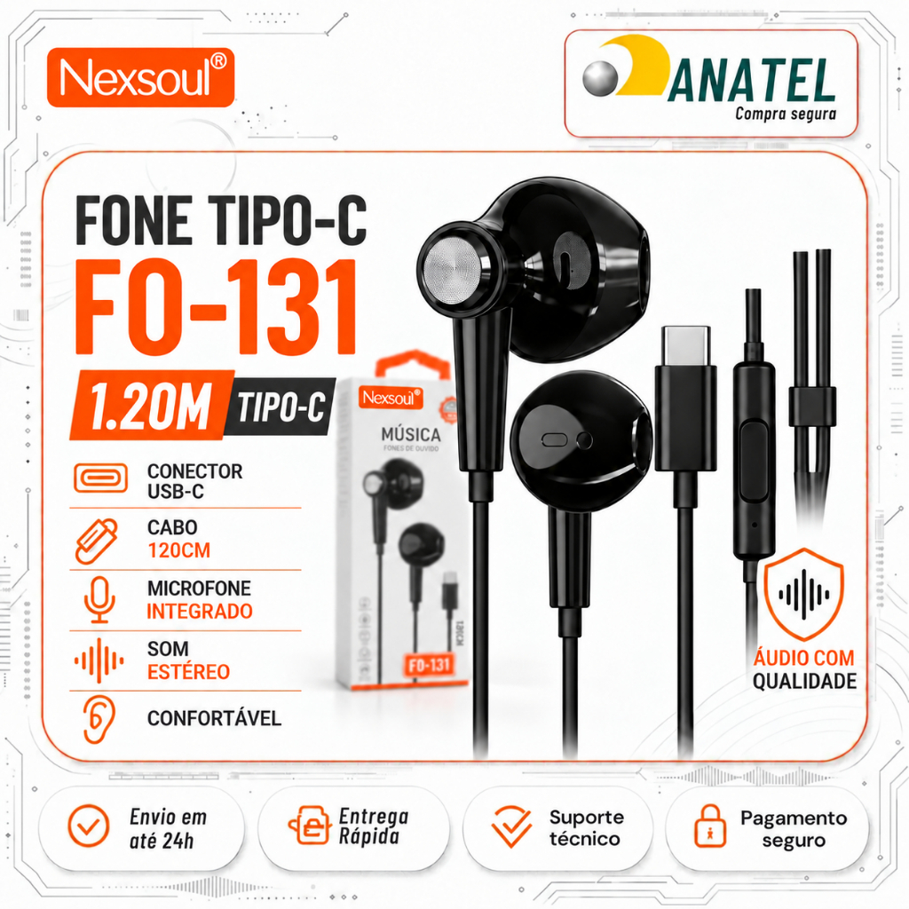 Fone de Ouvido Tipo C Com Fio Microfone Controle Volume Estéreo USB-C Preto Celular Smartphone Tablet Som Nexsoul FO-131
