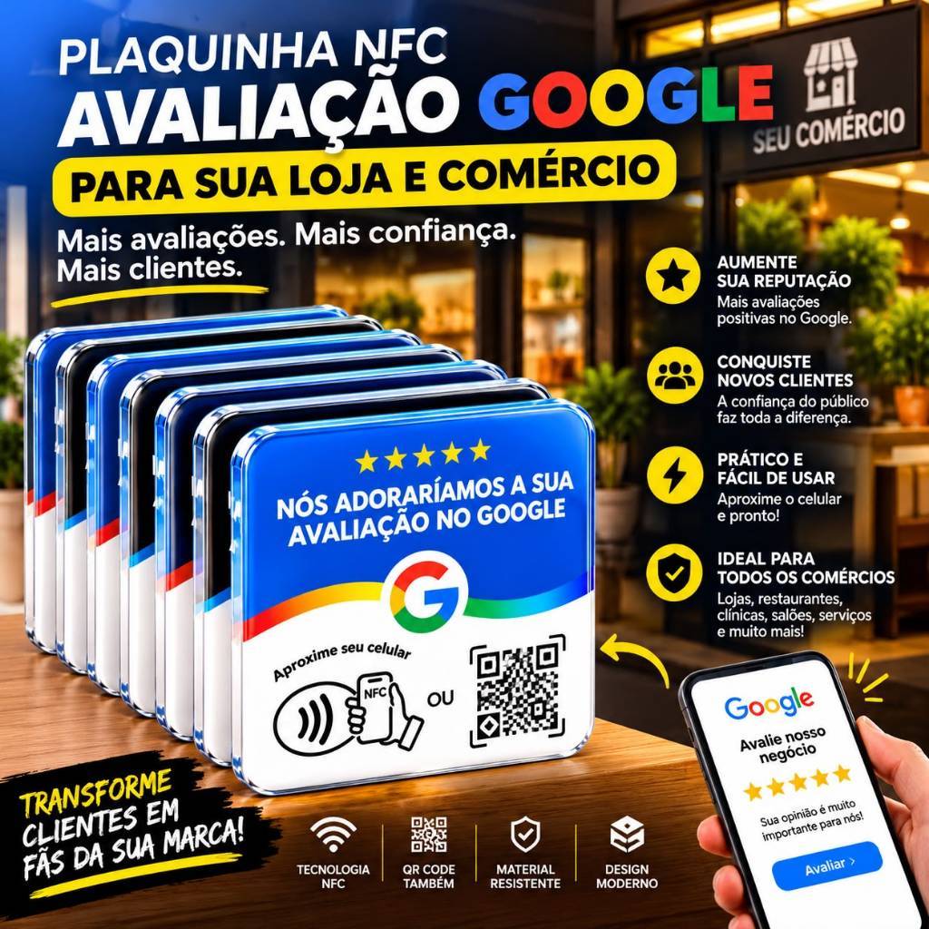 Plaquinha Tag NFC Google Avaliação QR Code para Parede Aproxime o Celular Loja Comércio Mais Clientes