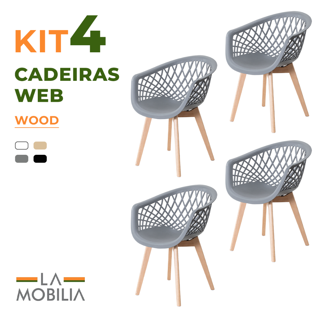 Kit 4 Cadeiras Web Wood Polipropileno Sala de Estar e Escritório